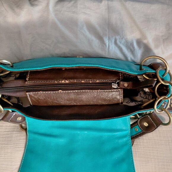 Teal and Brown Two Strap Shoulder Bag - Picture 4 of 10